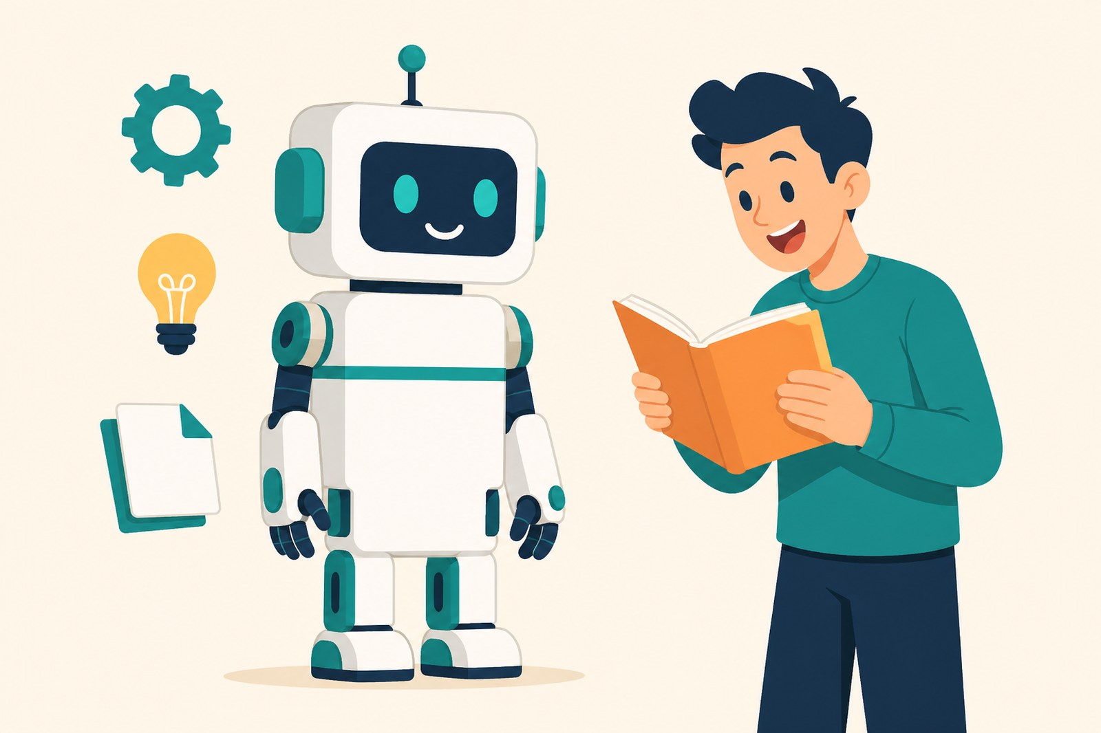 ロボットを目の前に、マニュアルを開いてワクワクしている人のイラスト