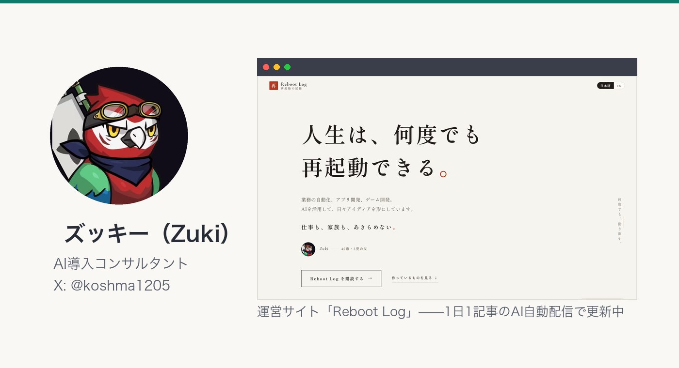 ズッキー（Zuki）のアイコンと運営サイトReboot Logのトップ画面